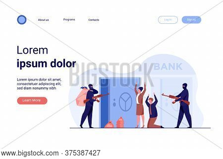 Gangsters With Gun Robbing Bank. Criminals Aiming Riffle At Workers, Taking Bags With Money. Vector 