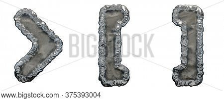 Set of symbols right angle bracket, left and right square bracket made of industrial metal on white background 3d rendering