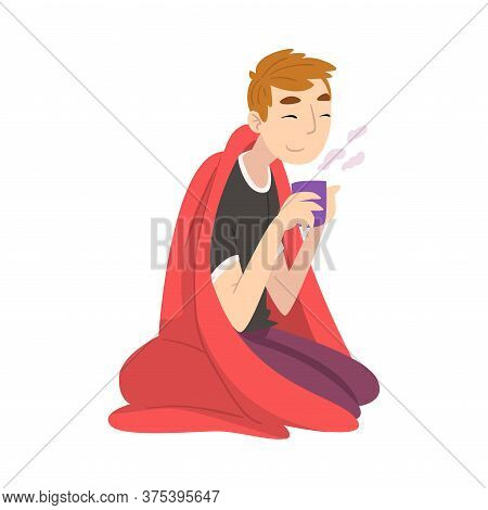 Guy Sitting Under Plaid Enjoying Hot Drink Mug, Man Drinking Beverage Wrapped In Red Blanket Vector 