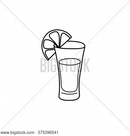 Outline Glass Of Tequila With Lemon, Doodle, Black And White Illustration. Vector Stock Illustration
