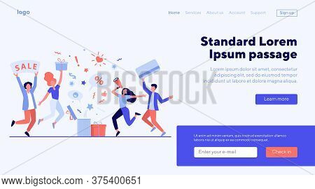 Customers Celebrating Sale. People Holding Gift, Credit Card, Loudspeaker, Dancing, Having Fun. Vect