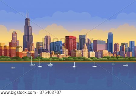 Chicago Skyline In Sunny Sunset Reflected In Water. Chicago Yacht Panorama, Vector Illustration