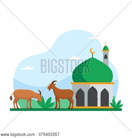Eid Al Adha Islamic Holiday The Sacrifice Of Livestock Animal Poster Background Design. Goat At Mosq