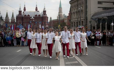 9 September 2014. Moscow, Russia. Festive Parade Near Red Square On Tverskaya Street. Dancing People