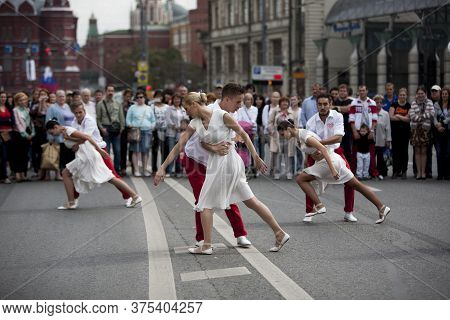 9 September 2014. Moscow, Russia. Festive Parade Near Red Square On Tverskaya Street. Dancing People