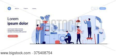 Handyman Working At Customer Home. Repair Man Fixing Washing Machine, Hammering Nails. Vector Illust