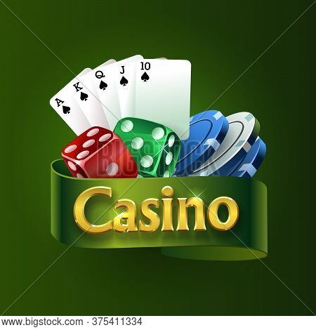 Casino Logo With Text On A Green Ribbon. Cards, Chips. Vector Illustration