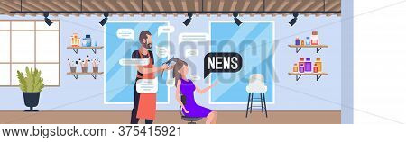 Male Hairdresser Cutting Hair Tips Of Woman Client And Discussing Daily News Chat Bubble Communicati