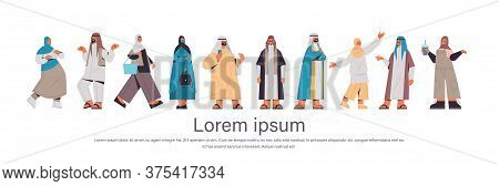 Set Arabic People In Traditional Clothes Arab Men Women Standing Pose Male Female Cartoon Characters