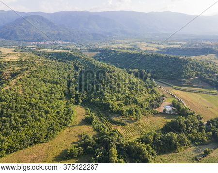 Aerial View Of Strumeshnitsa River Passing Through The Petrich Valley, Bulgaria