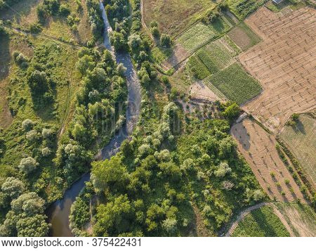 Aerial View Of Strumeshnitsa River Passing Through The Petrich Valley, Bulgaria