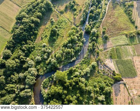 Aerial View Of Strumeshnitsa River Passing Through The Petrich Valley, Bulgaria