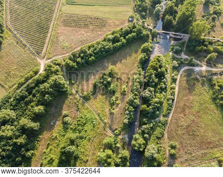 Aerial View Of Strumeshnitsa River Passing Through The Petrich Valley, Bulgaria