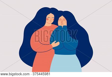 Friends And Family Support. A Young Woman Comforting Her Crying Best Friend. The Mother Supports Her