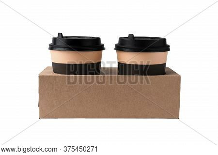 Two Standart Beige And Brown Coffee Cups In Cupholder For Two Mugs Isolated On Clean White Backgroun