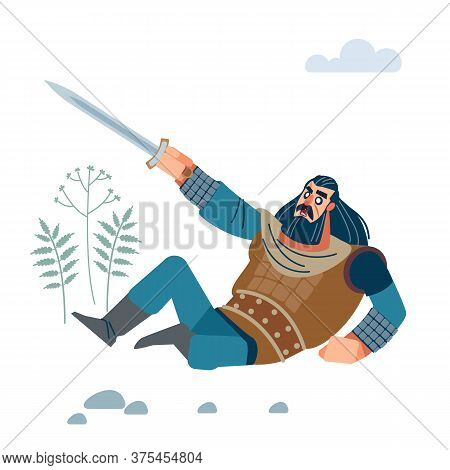 Angry Medieval Warrior With Long Medium Dark Hair, With Sword Defending Against Enemy. Flat, Cartoon