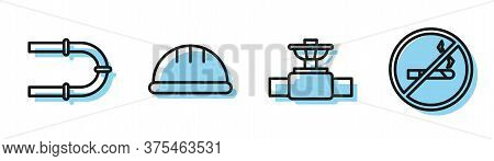 Set Line Industry Pipe And Valve, Industry Pipe, Worker Safety Helmet And No Smoking Icon. Vector