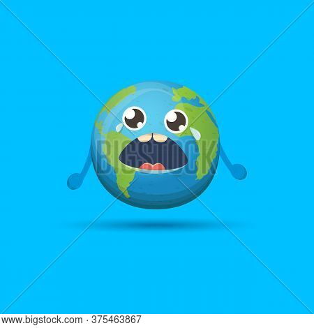 Cartoon Cute Crying Baby Earth Planet Character Isolated On Blue Background. Eath Dayor Save Eath Co