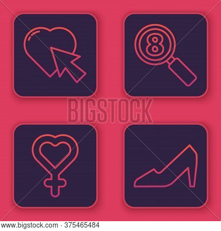 Set Line Heart And Cursor Click, Female Gender Symbol, Search 8 March And Woman Shoe. Blue Square Bu