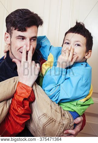 Faher And Son Together Having Fun At Home, Lifestyle Happy Family, People At Home