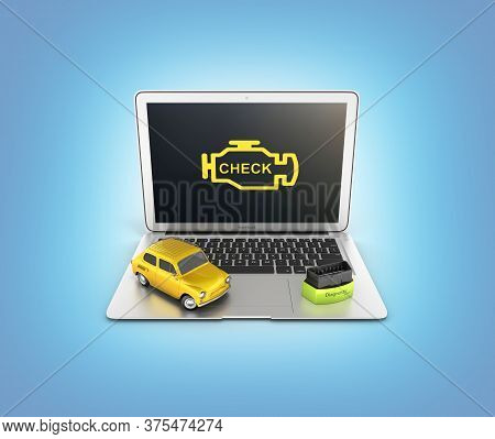 Car Diagnostic Concept Close Up Of Laptop With Obd2 Wireless Scanner And Retro Car On Blue Gradient 