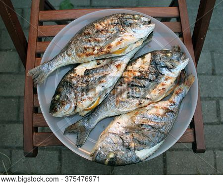 Dorado Fish, Cooked On An Open Fire On The Grill, Lies On A Round White Dish. The Concept Of Cooking
