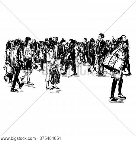 Drawing Of The People Are Walking On Street In Japan