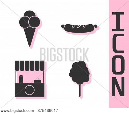 Set Cotton Candy, Ice Cream In Waffle Cone, Street Stall With Awning And Hotdog Sandwich Icon. Vecto