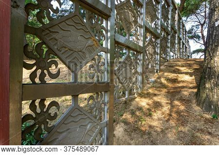 Gimhae, South Korea - June 18, 2017 : Metal Fence Along The Walk Way  On The Hill Around  Gimhae, So