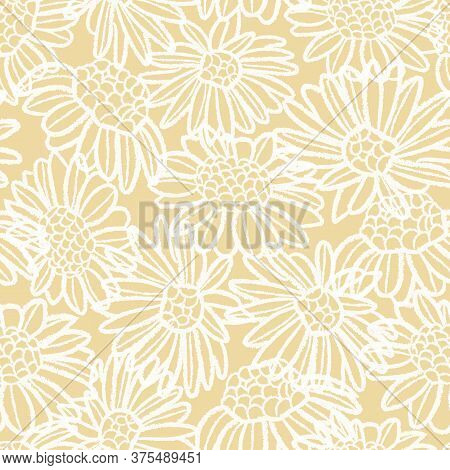 Vector White Camomiles, Daisies Seamless Pattern Yellow Background Print. Surface Pattern Design. Te
