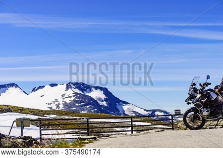 Sognefjellet, Norway - July 7, 2018: Bmw Motorcycle In Sognefjell Mountain Area At The Highest Point