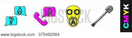 Set Phone With Emergency Call 911, Telephone With Emergency Call 911, Gas Mask And Fire Shovel Icon.