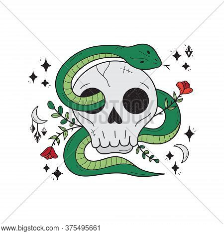 Magic Skull With Snake Vector Hand Drawn Illustration. Cool, Magical, Deadly, Witchy, Floral Printab