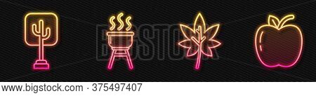 Set Line Leaf Or Leaves, Tree, Barbecue Grill And Apple. Glowing Neon Icon. Vector