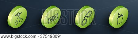 Set Isometric Casino Slot Machine With Cherry, Stacks Paper Money Cash, Handcuffs And Champagne In A