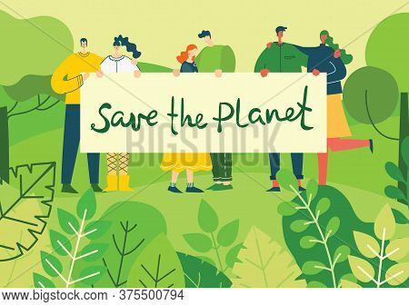 Vector Illustrations With Activists People Holding Placard On The Nature, In The Forest With Green L
