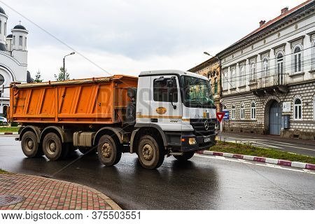 Commercial Delivery Truck Close Up Isolated In Downtown Of Lugoj, Romania, 2020.