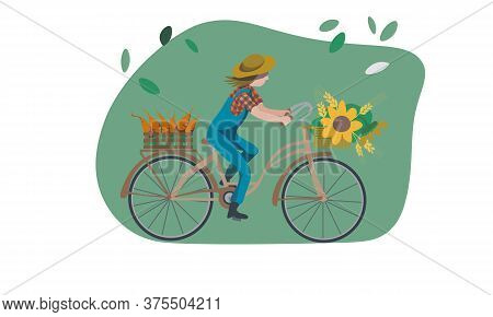 Girl In Gardener Uniform Hat Rides A Bicycle With Vegetables