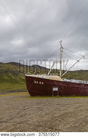 An Out-of-the-way Whaling Ship That Rusts On The Road To Látrabjarg On A Dead Cloudy Day. The Shipwr