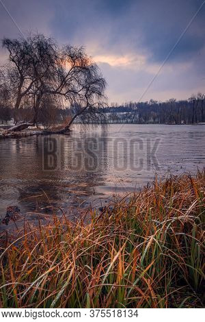 Cold Morning In The Park In Bucharest On The Lake With Some Fresh Snow And Some Trees In The Backgro