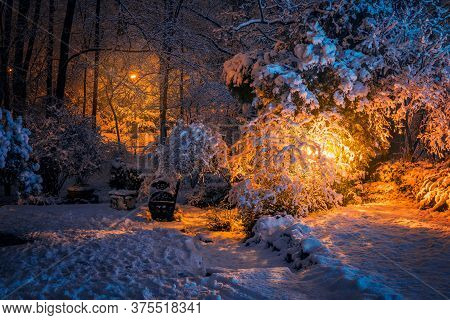Beautiful Winter Scene With Lots Of Snow And A Bench On A Silent Night In A Park After Heavy Snow Fa