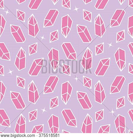 Pink Shiny Crystals Seamless Vector Pattern. Girly Mystical Surface Print Design For Fabrics, Statio