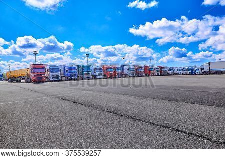 St. Petersburg, Russia - July 27, 2017: Fleet Trucks, Semi-truck And Commercial Vehicles On Customs 