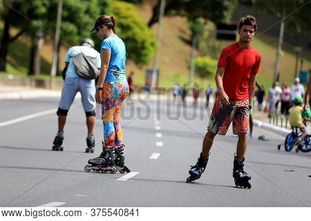 Salvador, Bahia / Brazil - February 21, 2016: People Seen Rollerblading And Practicing Physical Acti