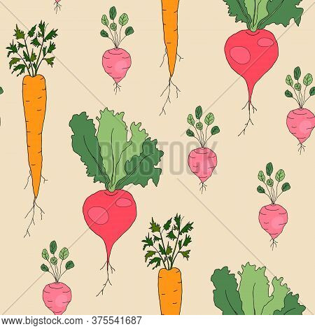 Hand-drawn Vector Seamless Pattern With Radish, Carrot And Beet On Flaxen Background