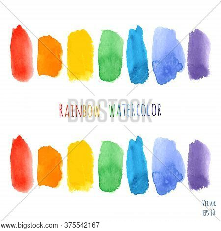 Vector Set Of Raindow Watercolor Brush Strokes Isolated On White Background. Colorful Symbol Of Gay 