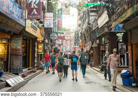 Kathmandu, Nepal : September-28-2018 : Market Street In Thamel District Of Kathmandu. Thamel Is A To