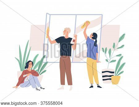 Upset Teenager Girl Sitting On Floor With Rag During Parents Washing Window Vector Flat Illustration