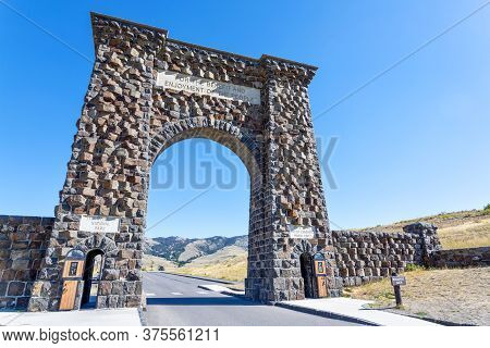 Low Angle View Of The Historic Roosevelt Arch At The North Entrance Of Yellowstone National Park In 