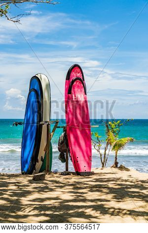 KUTA BALI - INDONESIA, FEBRUARY 7 : Surfboards on the famous beach of Kuta in Bali Indonesia February 7th, 2020